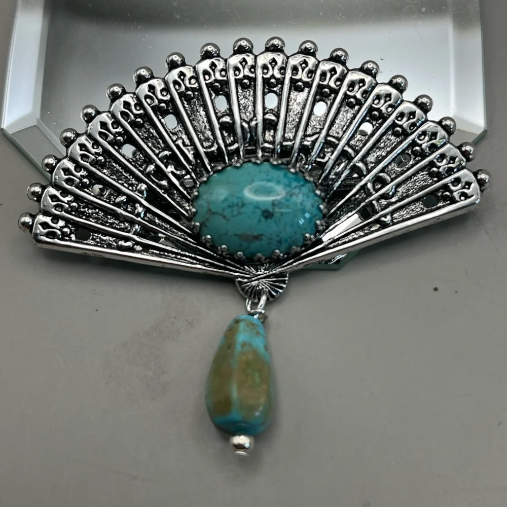 Vintage Turquoise and Silver Fan Pendant